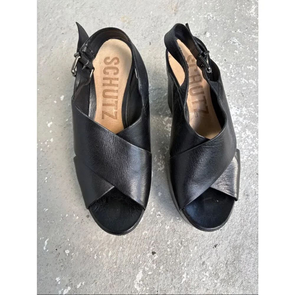 Schutz leather sling backpack platform sandals